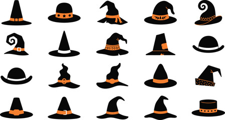 Halloween witch hat silhouettes, set of 20 black and orange wizard caps, spooky magic headwear icons for party invitations and festive decor © Israt