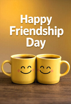 Happy friendship day celebration with smiling mugs of coffee on wooden table warm greeting card concept