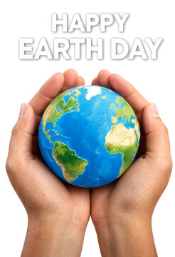 Hands gently holding a colorful globe for happy earth day celebration concept design