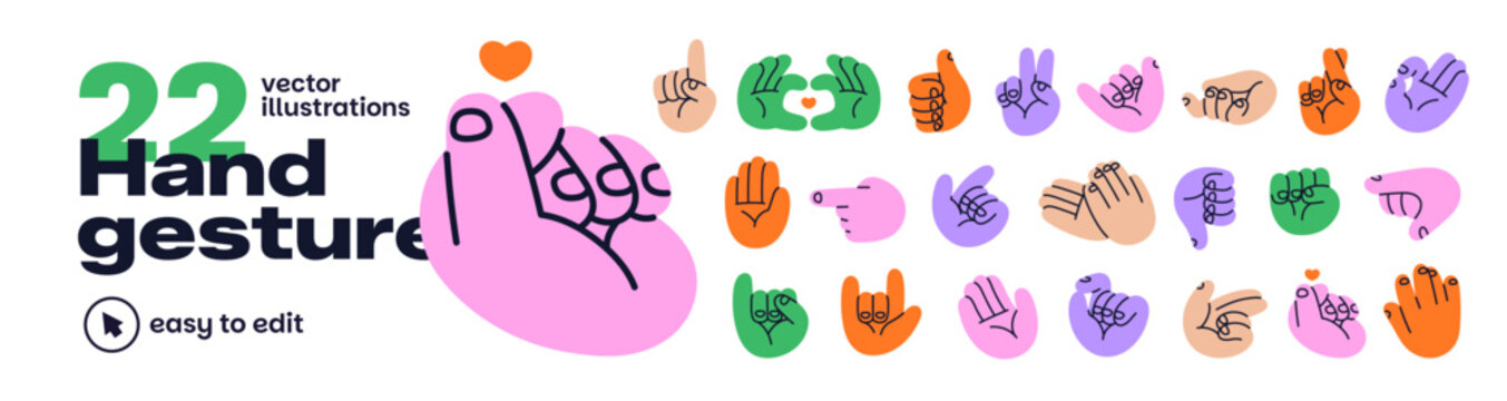 Hand gestures set in doodle style. Colored human hands are pointing and showing different signs. Palms with symbols of heart, peace, and OK with fingers. Flat isolated vector illustrations in white