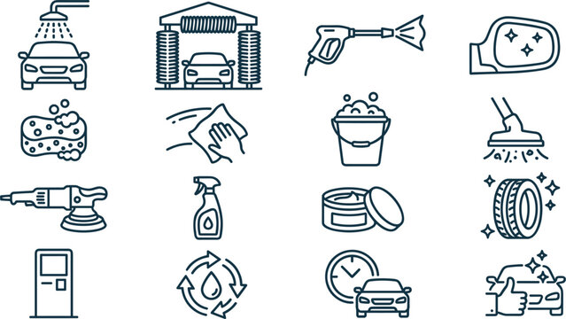 Car Wash and Auto Detailing Line Art Vector Icon Set Featuring Pressure Washer Automatic Station Sponge Buffer Polish and Vacuum Clean Symbols