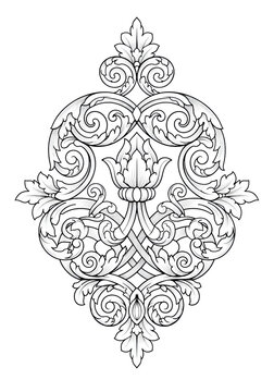 highly detailed, perfectly symmetrical, vertical baroque ornamental vector illustration featuring black intertwining scrolls, filigree, and a central acanthus bud against a transparent background.