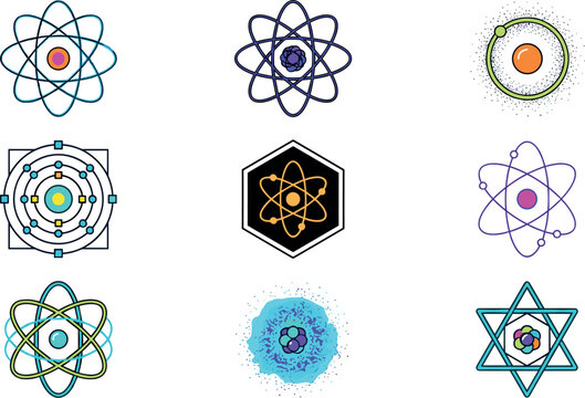 Atom Model and Science Icon Vector Set Featuring Chemical Physics Structures Nuclear Energy Symbols Orbit Paths and High Tech Lab Logos