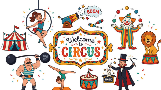 Vintage circus vector set with clown and magician, carnival performance characters and big top tent, retro fairground entertainment clip art collection
