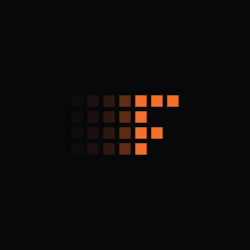 Abstract geometric letter f logo mark made of orange pixel square grid pattern
