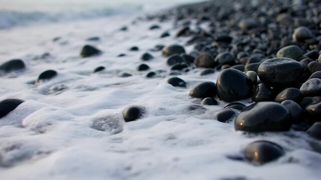 Gentle ocean waves lapping over smooth pebble beach