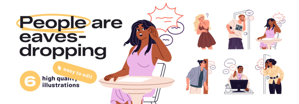 People are eavesdropping set. Curious men and women listen to gossip. Interested characters overhear dialog. Shocked person with a hand on ear hears news. Flat isolated vector illustrations in white