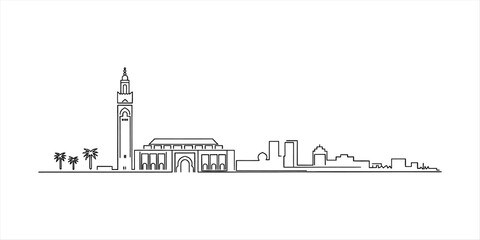 Obraz premium Casablanca city skyline outline drawing with hassan ii mosque and palm trees in a minimalist continuous line art style for travel and tourism design