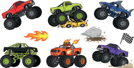 Monster Truck Vector Illustration Set Featuring Big Wheel Trucks Crushing Cars Fire Flames Mud and Chequered Racing Flags for Birthday Boys Graphic Designs © MARKNIS
