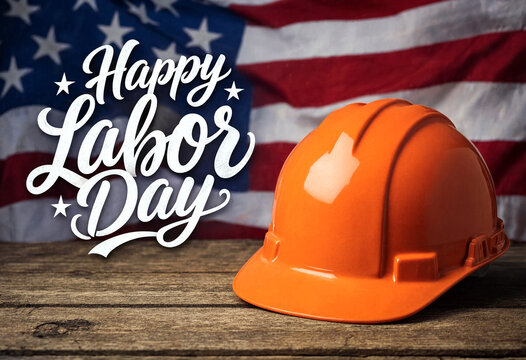 Happy labor day celebration with orange hard hat and american flag background display