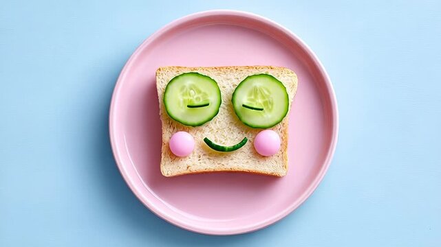 Creative cute face sandwich with cucumber and olive on pink plate