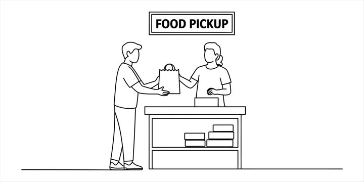 Customer picking up a paper bag of food from a worker at a restaurant counter with a food pickup sign in a simple black and white line art drawing