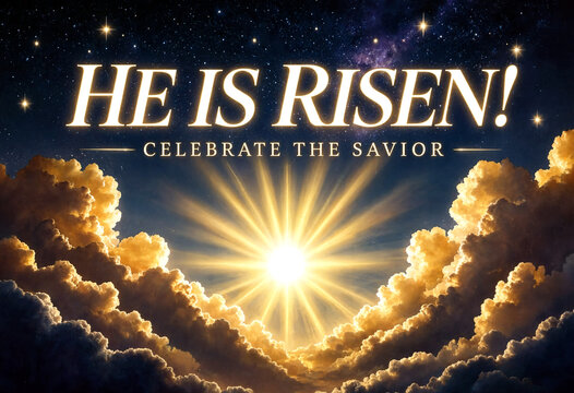 Inspirational sunrise with glowing clouds and religious message celebrating the savior in dramatic sky