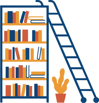 Modern Bookshelf with Ladder and Books Flat Vector Illustration