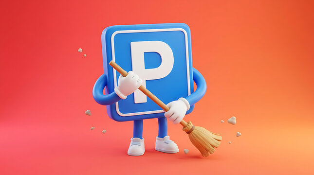 Cute 3D Blue Parking Sign Character Sweeping with Broom on Orange Background