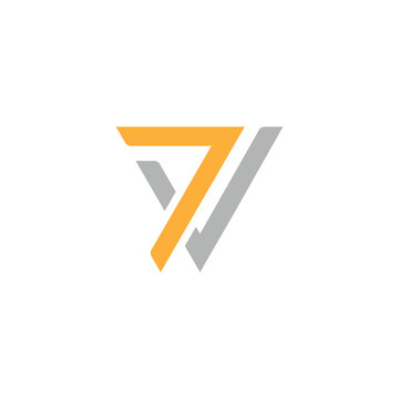Abstract geometric logo design with yellow number seven and gray parallel lines