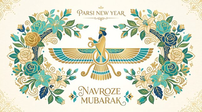 Zoroastrian Faravahar symbol with festive flowers, minimal Parsi New Year text