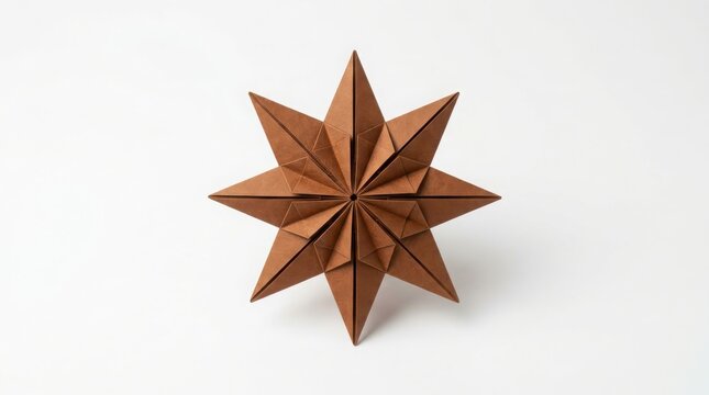A brown paper origami star with eight sharp points, folded from textured craft paper, isolated on a clean white background surface