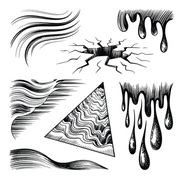 Conjunto de abstractos dibujados a mano que incluyen goteos, olas y grietas