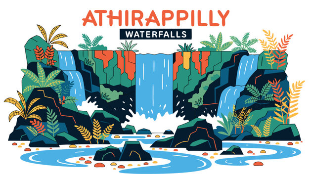 Very beautiful realistic vector of a classic travel welcome sign featuring a bold label reading "ATHIRAPPILLY WATERFALLS", decorated with cascading waterfalls, lush tropical rainforest, rocky cliffs, 