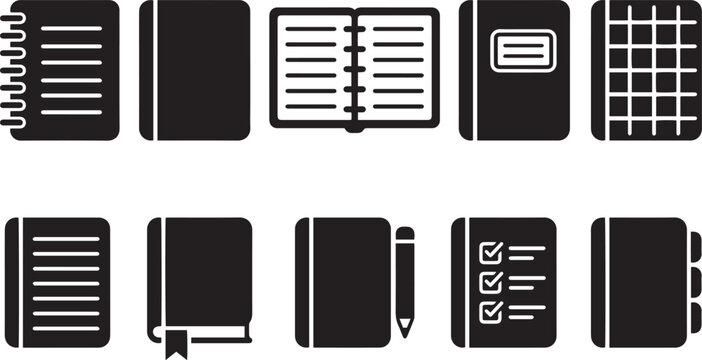 Notebook, Diary and Exercise Book Glyph Icons Set - Spiral Pad, Open Book, Planner, Check List, and Organizer Symbols