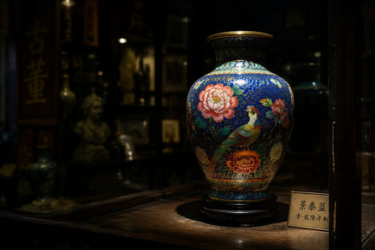 Antique shop window display featuring a cloisonne vase under a spotlight.
