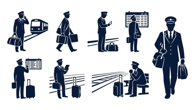 Set of silhouettes of airline pilots with luggage at airport terminal.