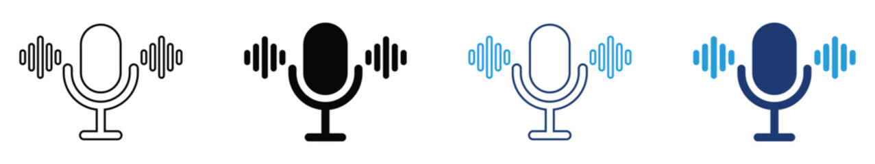 Fototapeta premium Voice recognition microphone icon set in outline and filled styles with audio waveform. Speech recording, podcast, voice assistant, and sound input. Vector illustration