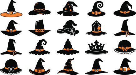 Halloween witch hat vector icons, set of 20 black and orange wizard hats, spooky magic headwear collection for party invitations and decor © Israt