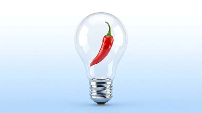 Fiery Idea A Bright Red Chili Pepper Illuminates a Clear Light Bulb Concept