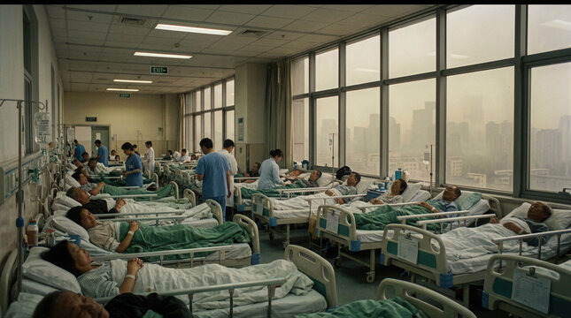 Hospital ward crowded with patients suffering from the effects of air pollution and smog in a city setting