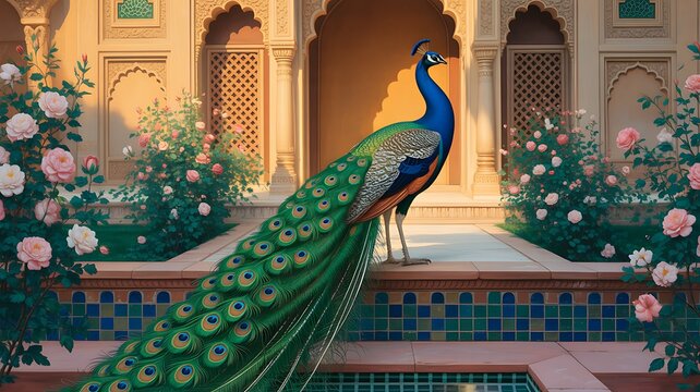 Illustration of a mughal garden with peacocks, parrots, plants, and trees, featuring a botanical landscape pattern. Mughal Garden. Illustration