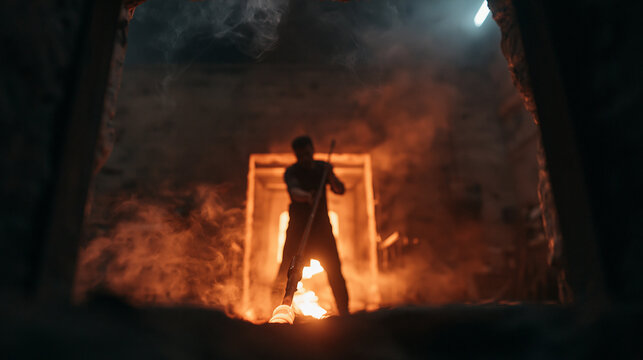 Silhouetted Figure Standing in Fiery Doorway at Night