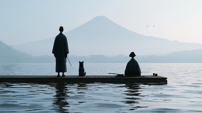 Figures Contemplating Mountain Lake at Dawn