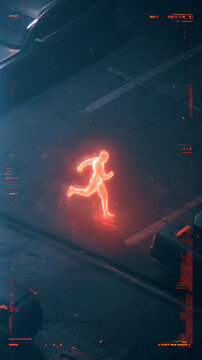A glowing orange human silhouette is captured running across a dark urban street surface with digital interface elements visible in a modern tech style