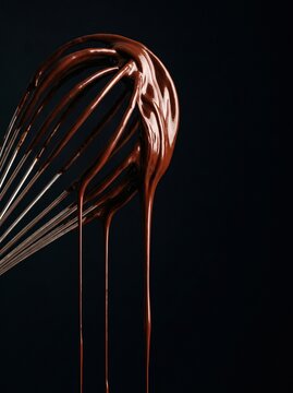 Melted dark chocolate dripping down whisk wires against black background, gourmet dessert preparation concept
