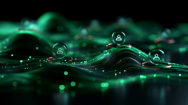 Digital Network Connection User Icons on Glowing Green Data Stream