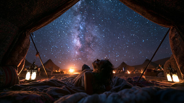 Woman Stargazing in Desert Tent Under Milky Way