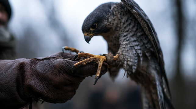 Falcon Perched on Falconer's Gloved Hand