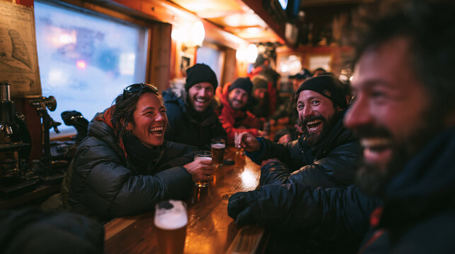 Friends Celebrating with Drinks in Cozy Bar