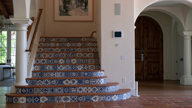 Spanish Colonial Staircase with Blue and White Decorative Tiles