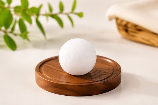 White camphor ball on wooden coaster, simple household freshness concept.
