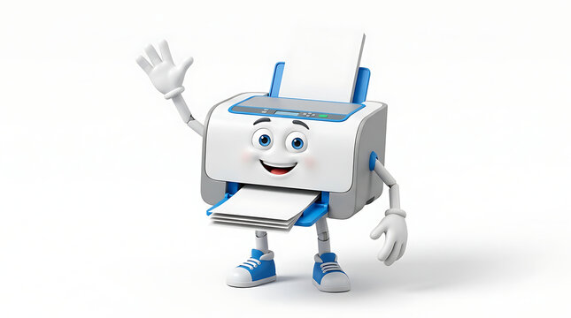 Friendly cartoon printer character waving hello, perfect for technology and office concepts