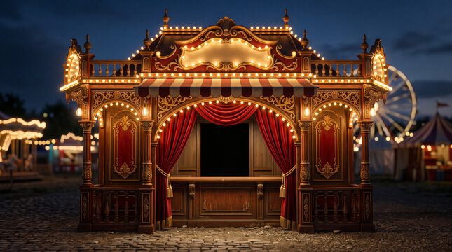 victorian carnival ticket booth with red velvet curtains and glowing lights at night