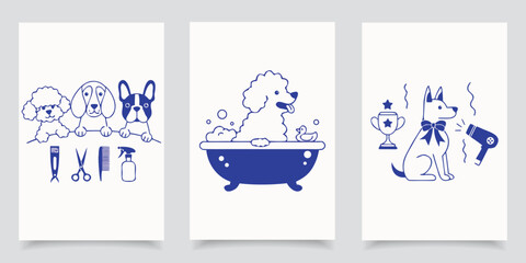 Naklejka premium Funny dog grooming salon pet bath and hair dryer linocut vector set.