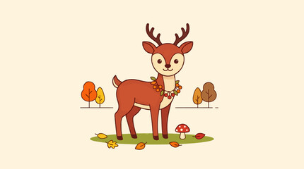Fototapeta premium Cute Flat Illustration of a Deer Wearing a Berry Necklace in Autumn Forest with Falling Leaves and Trees, Whimsical Woodland Scene