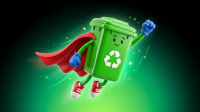 Cute green recycling bin superhero character flying for waste management and eco conservation