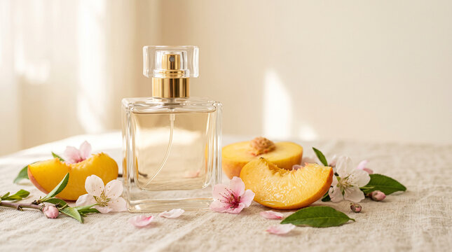 transparent perfume bottle with fresh peach slices and spring flowers on linen background