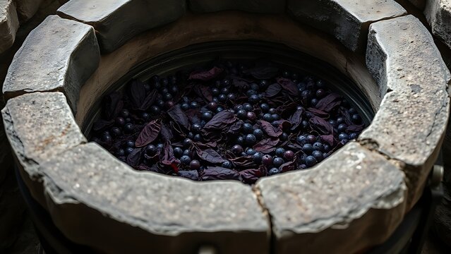 An ancient stone winepress with grape skins and residue inside.
