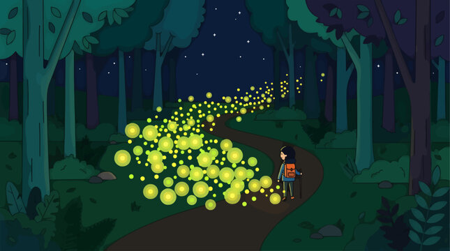 Flat Design Vector Illustration of a Person Walking on a Forest Path at Night, Surrounded by a Swarm of Glowing Fireflies, Starry Sky Above, Magical Nature Scene
